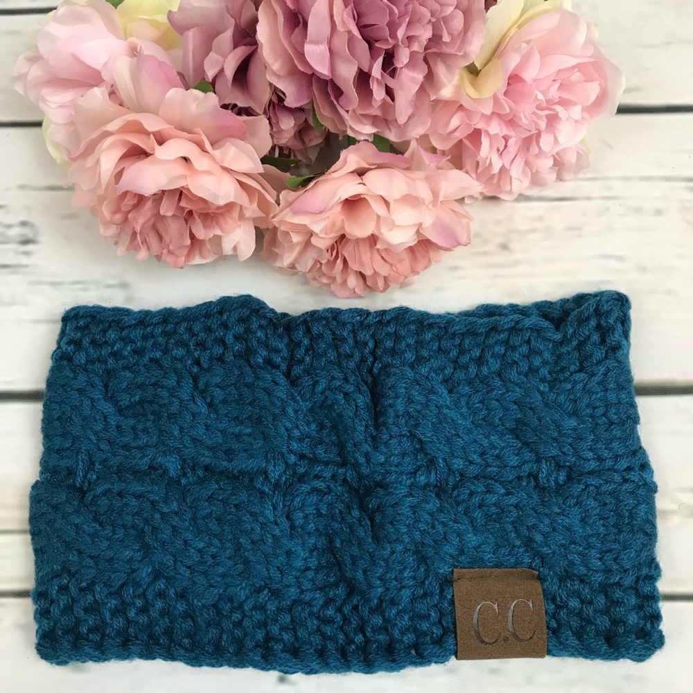 Cable Knit Teal Blue Headband Ear Warmers - Picture 2 of 5